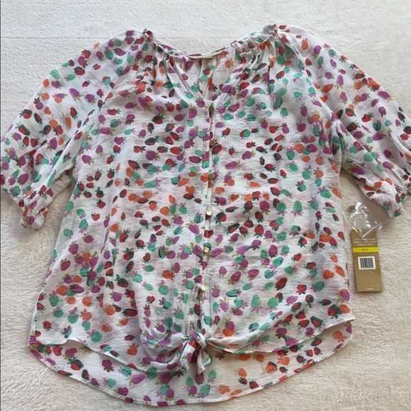 Hope & Harlow White Multicolored Strawberry Print Button Up Tie Front Blouse NWT - Picture 8 of 14